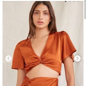 Burnt Orange Satin Twist Front Crop Top